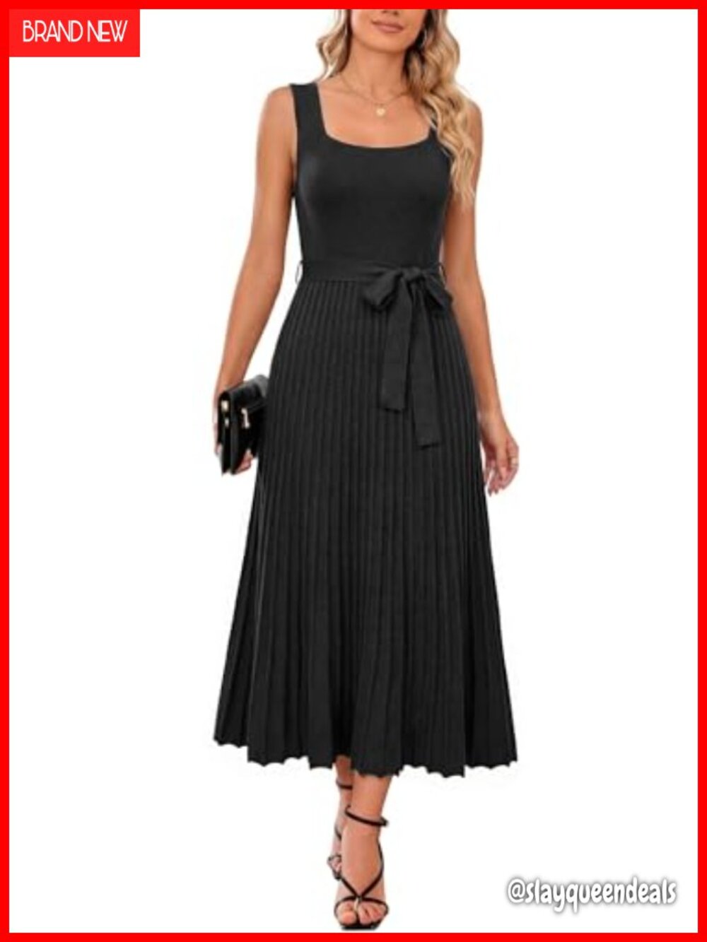 Wool Blend Square Neck A-Line Midi Sweater Dress Sleeveless